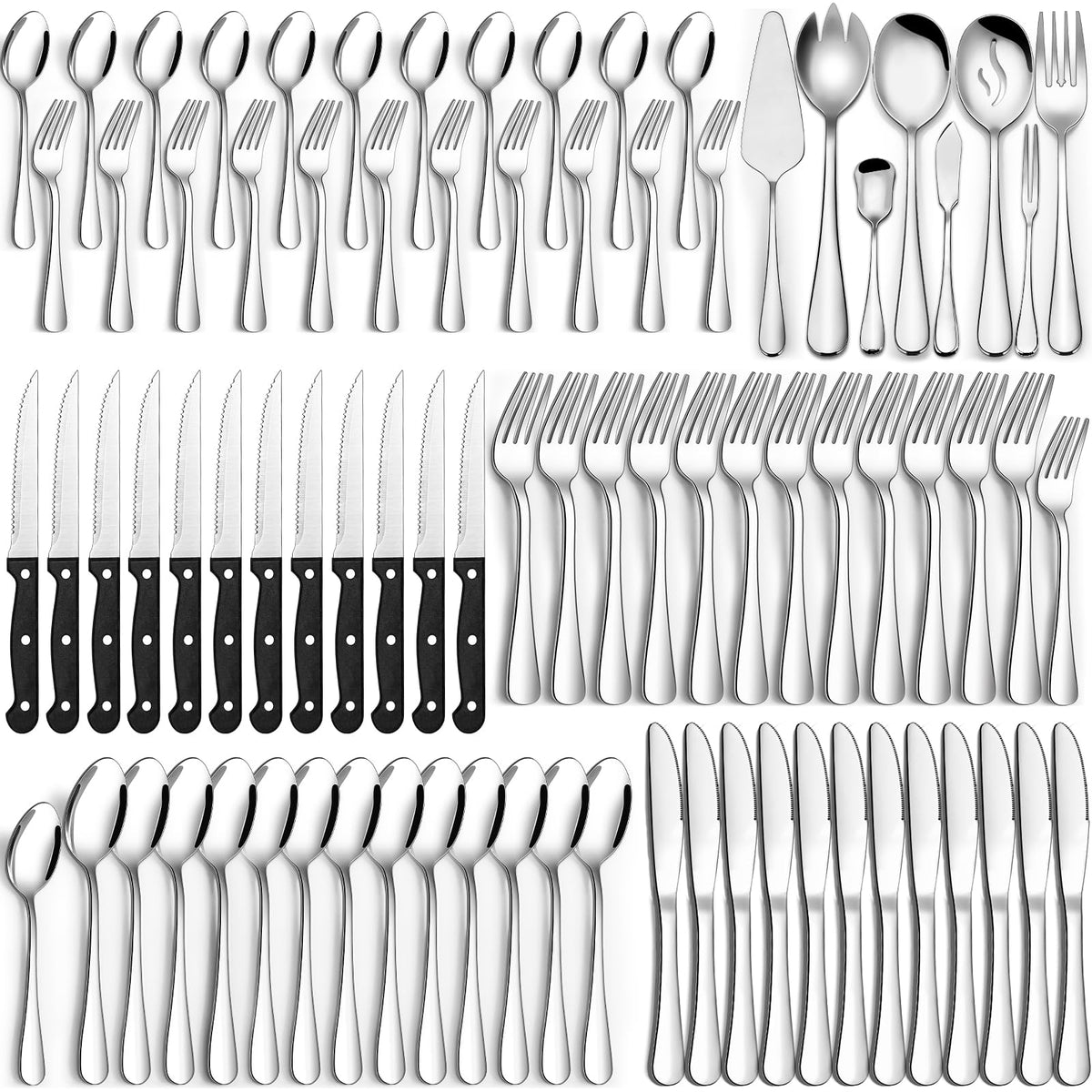 CEKEE 80-piece flatware set with dining knives, mirror finish for elegant table setting.