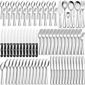 CEKEE 80-piece flatware set with dining knives, mirror finish for elegant table setting.