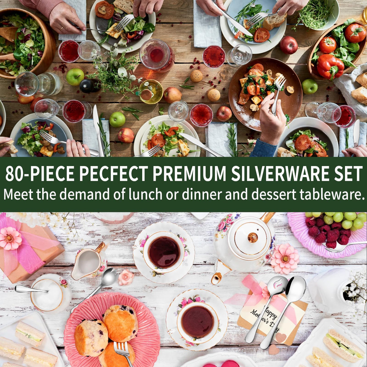 CEKEE 80-piece flatware set – mirror-finish on table for premium look.
