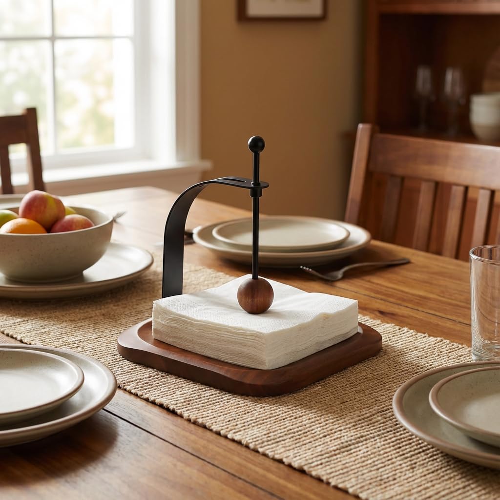 Celestree walnut napkin holder side profile highlighting weighted arm for secure napkins.