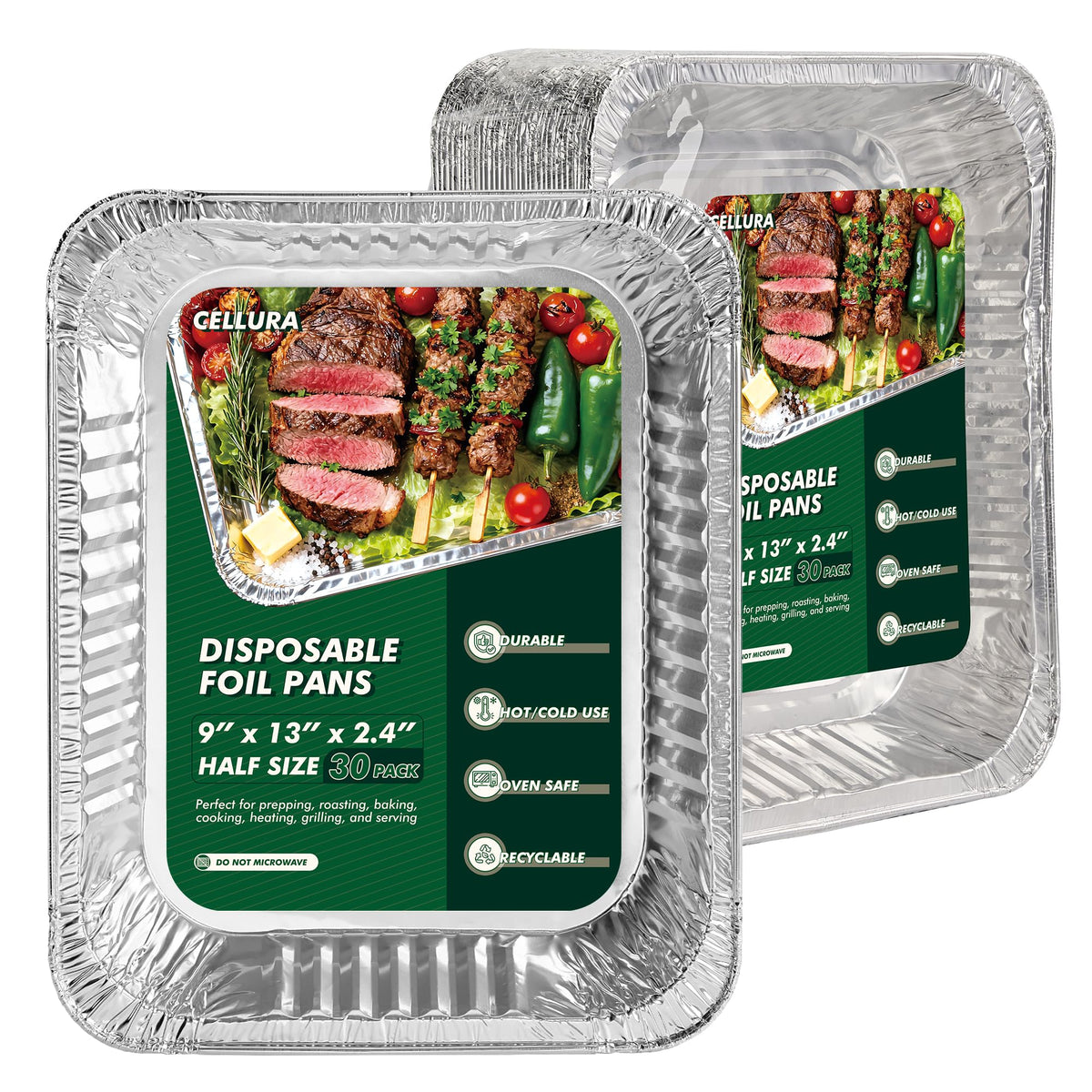 CELLURA 9x13 foil pans stacked for bulk use and easy transport.