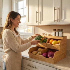 CENCODE bamboo pantry bins use breathable open-slat design to keep produce fresh