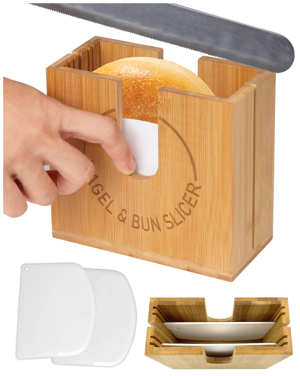 cenleoha bamboo bagel slicer with adjustable slots for consistent halves