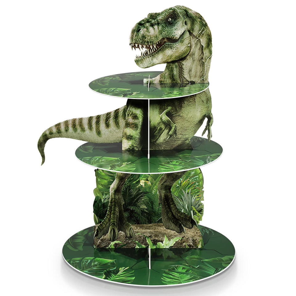 Censen 3-tier dinosaur cupcake stand front view showing vibrant jungle colors for festive parties