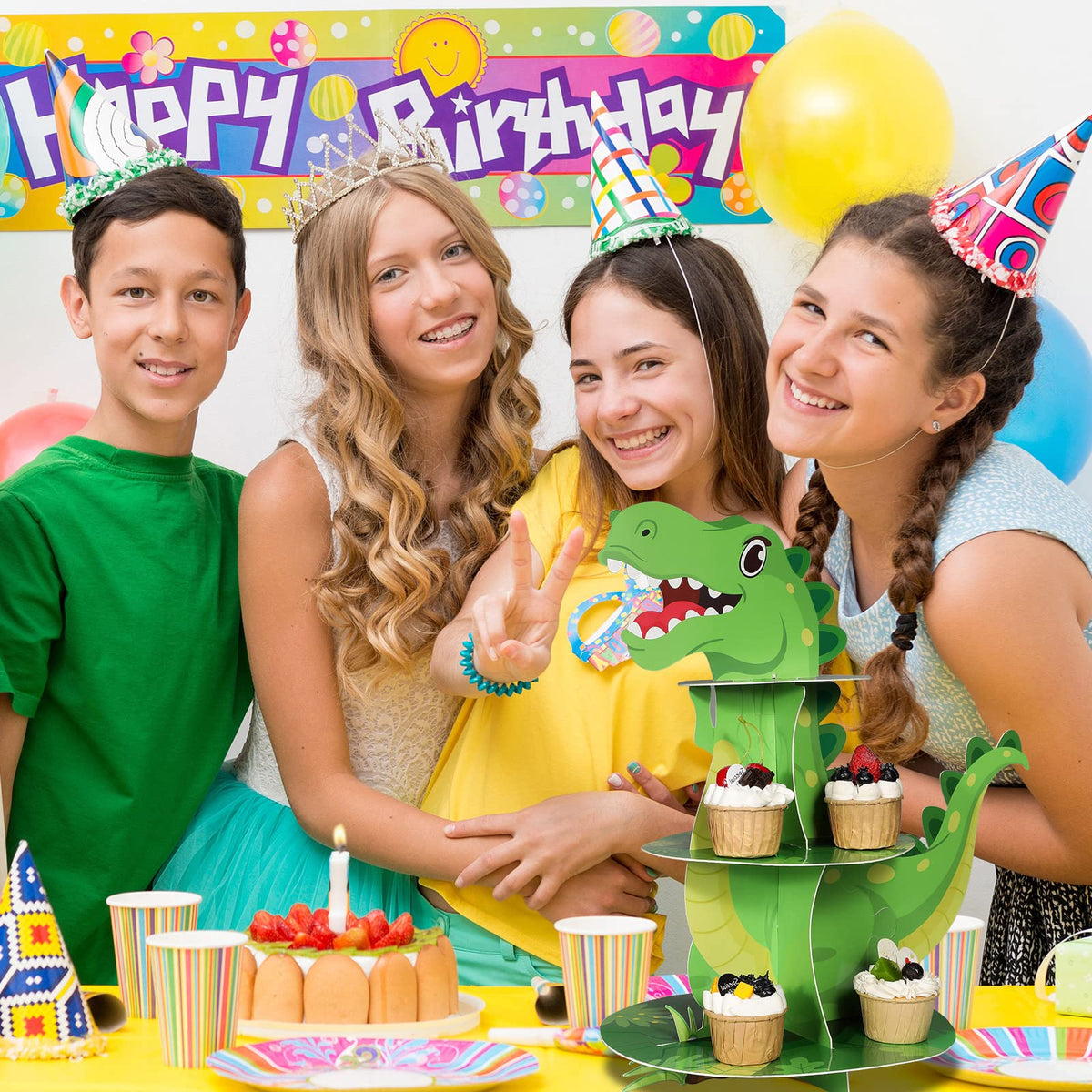 Censen dinosaur birthday stand supports multiple desserts with sturdy cardboard construction