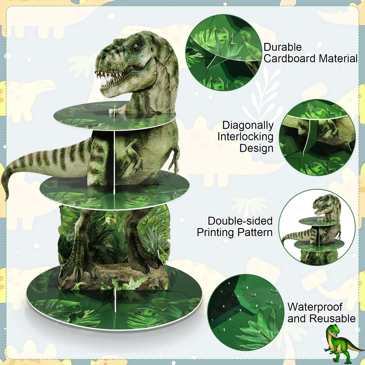 Censen dinosaur cupcake stand assembled, showcasing easy setup and durability