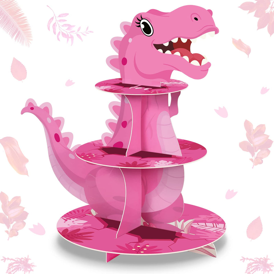 Censen dinosaur cupcake stand pink front view for vibrant party desserts display.