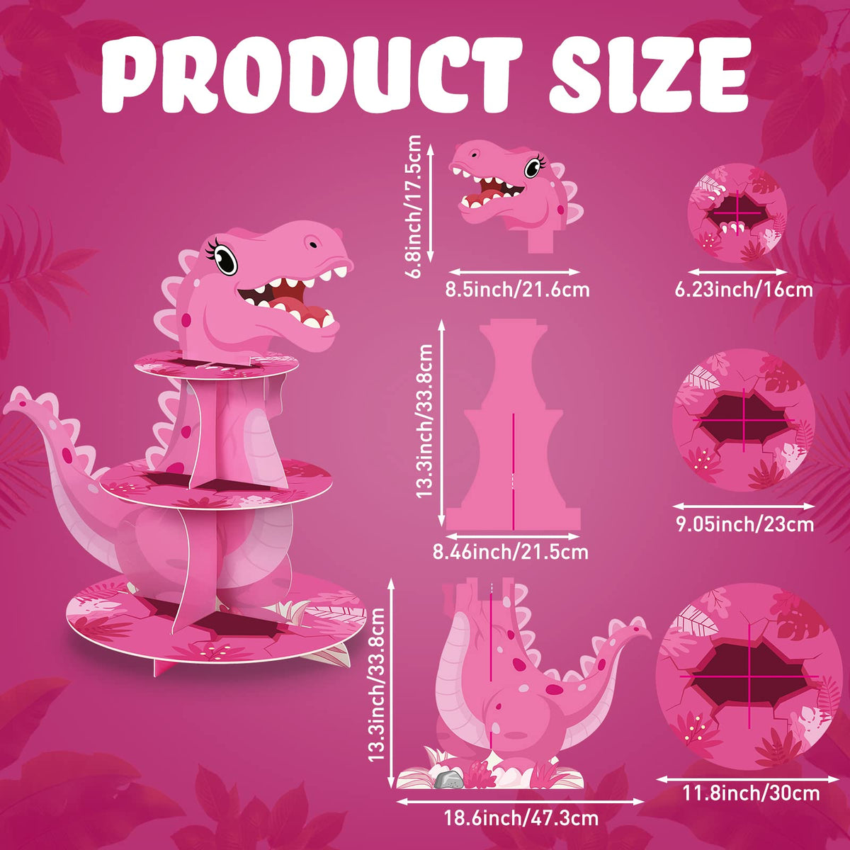 Censen pink dinosaur cupcake stand side view highlights three-tier design.