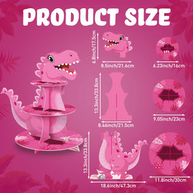 Censen pink dinosaur cupcake stand side view highlights three-tier design.