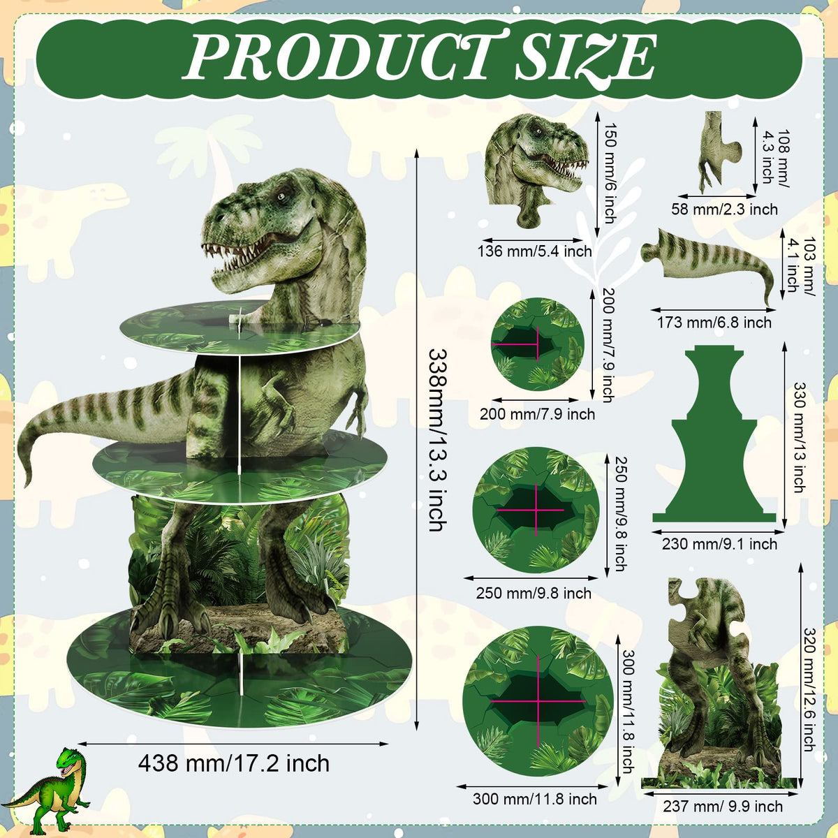 Censen dinosaur dessert tower side view highlighting sturdy cardboard construction