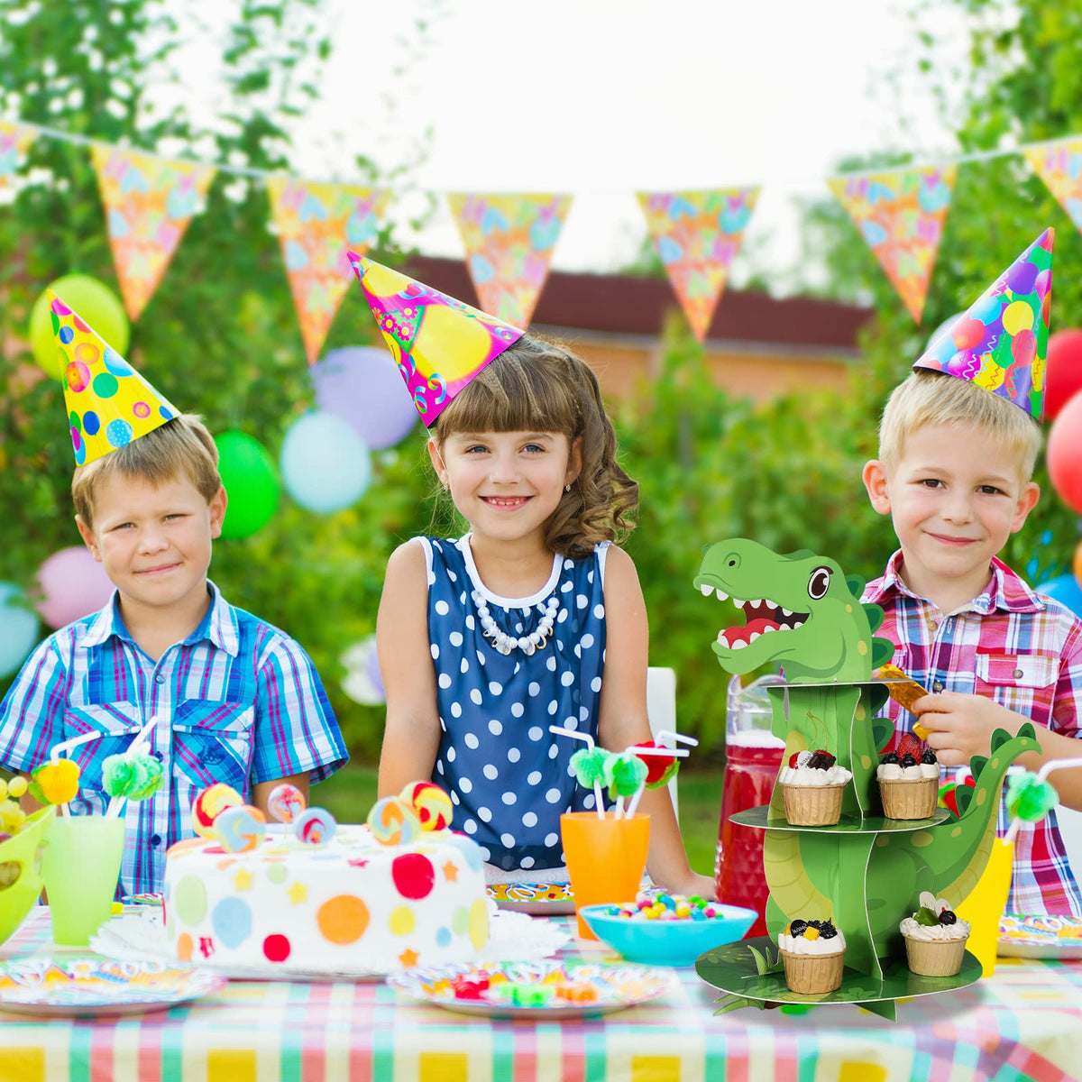 Censen dinosaur-themed stand is reusable and easy to store after the party