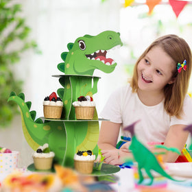 Censen green dinosaur dessert display enhances table styling with bright prints