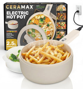 Ceramax Pro 2.5L pot with lid and steamer for versatile on-the-go cooking flexibility.