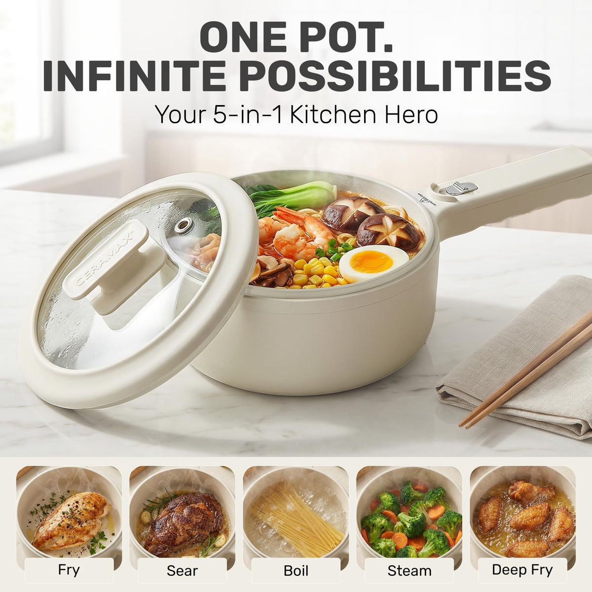 Ceramax Pro 2.5L ideal for ramen and one-pot meals anywhere, from dorms to camps.