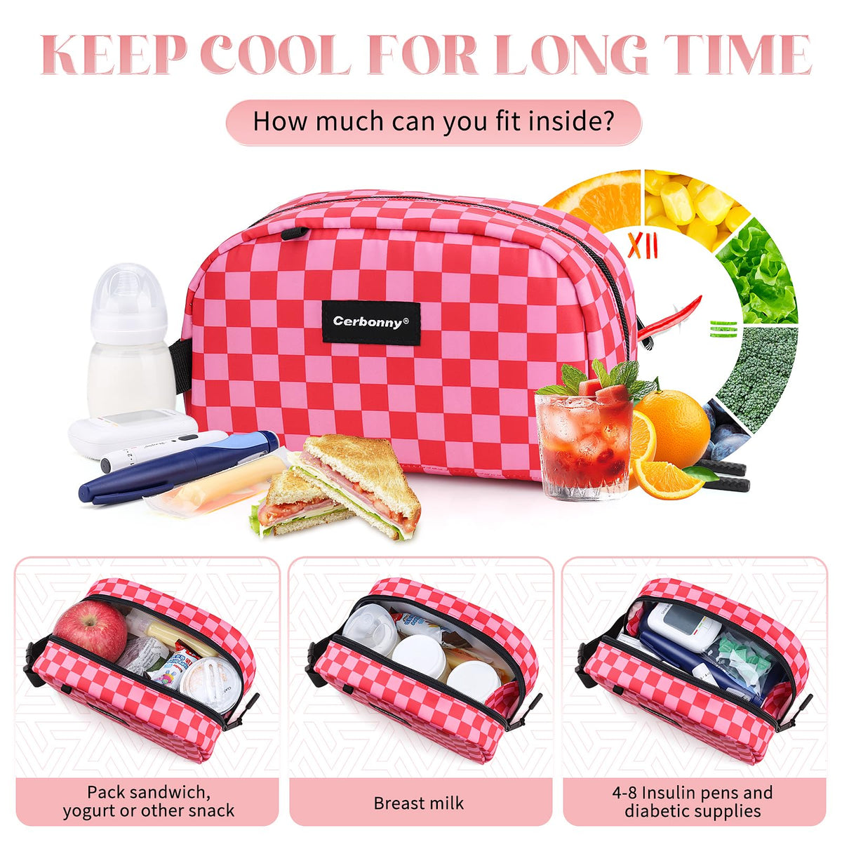 Cerbonny lunch bag with back pocket and buckle handle for easy carrying.