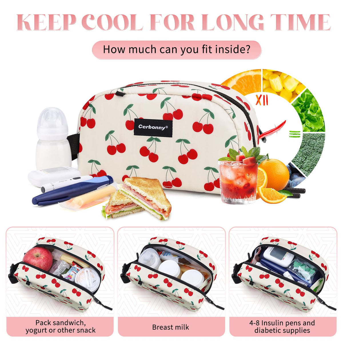 Cerbonny leak-proof lunch bag with wide zipper, easy packing.