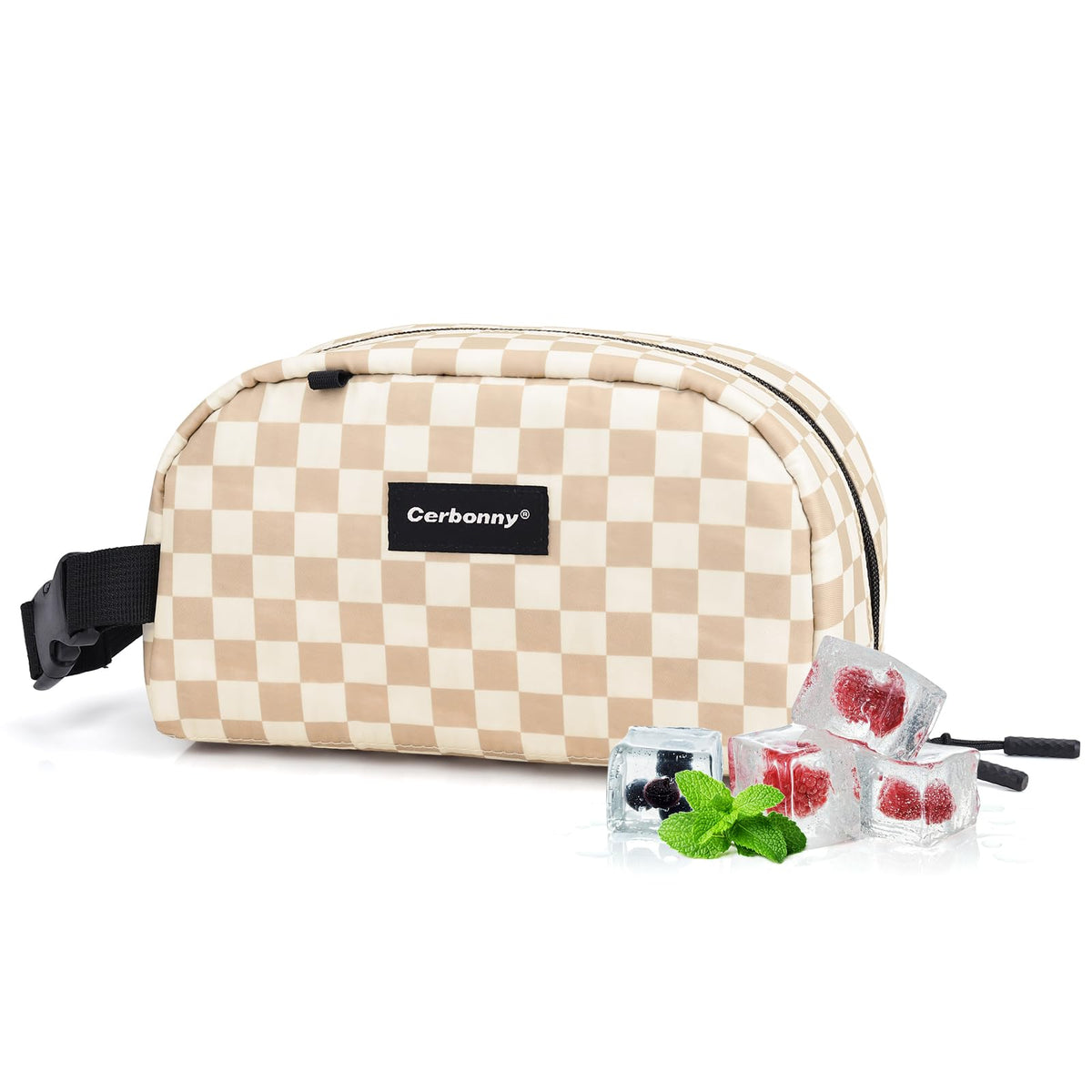 Cerbonny lunch bag with khaki checkerboard and zipper closure keeps contents secure.