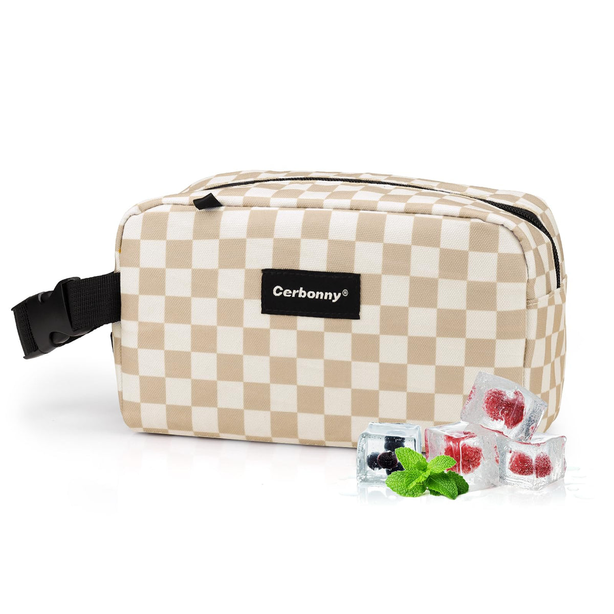 Cerbonny small cooler bag in khaki checkerboard keeps snacks fresh during commutes