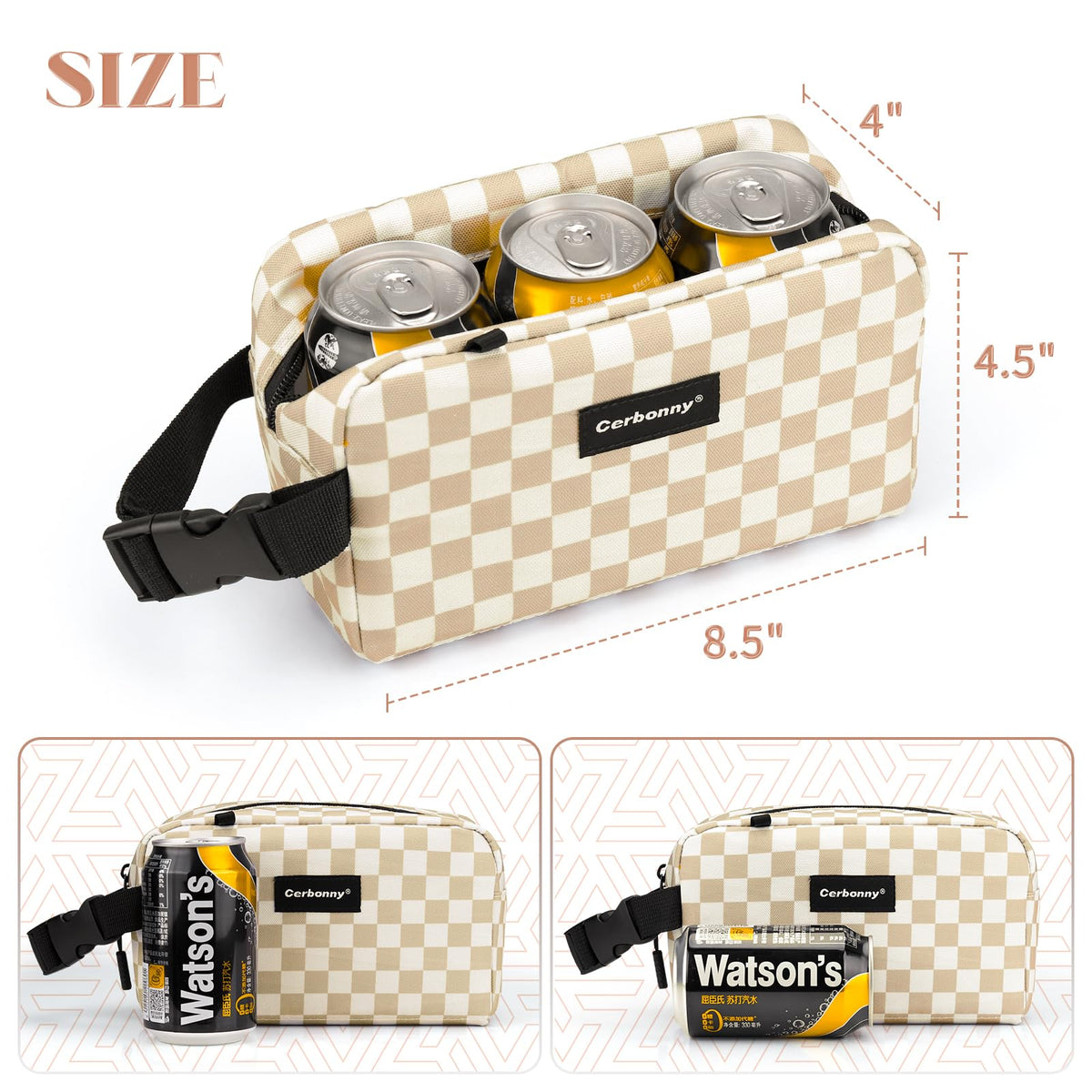 Cerbonny insulated lunch bag in khaki checkerboard fits yogurt and small containers