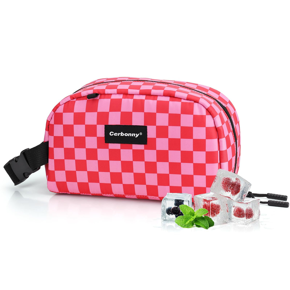 Cerbonny pink checkerboard cooler bag, open, showing organized lunch space.
