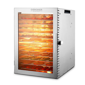 Cercker 12-tray dehydrator front view showing compact kitchen footprint and layout