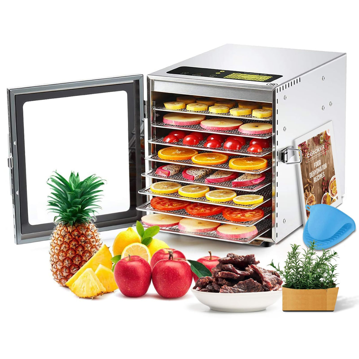 Cercker food dehydrator exterior shows a sturdy stainless steel body for everyday use