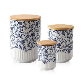 Cerkik blue canisters set on countertop with airtight lids to keep pantry staples dry and organized.
