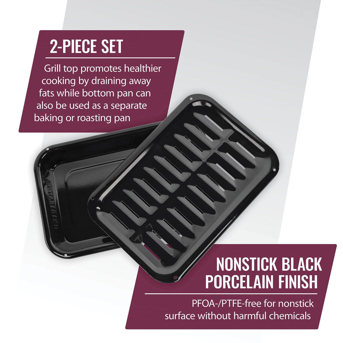 Broiler pan in porcelain-steel, black finish, dishwasher-safe for quick oven cleanup.