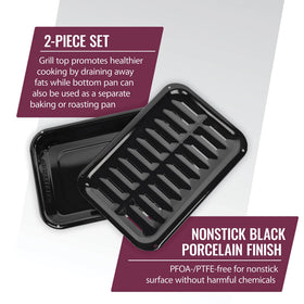 Broiler pan in porcelain-steel, black finish, dishwasher-safe for quick oven cleanup.