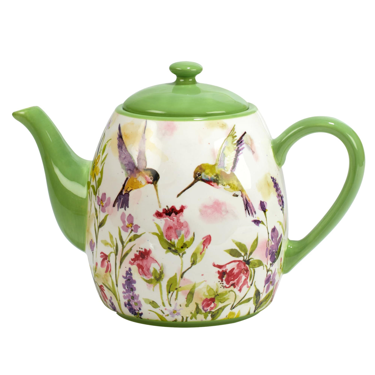 Certified International hummingbirds teapot with watercolor birds and florals, ideal for garden tea time.