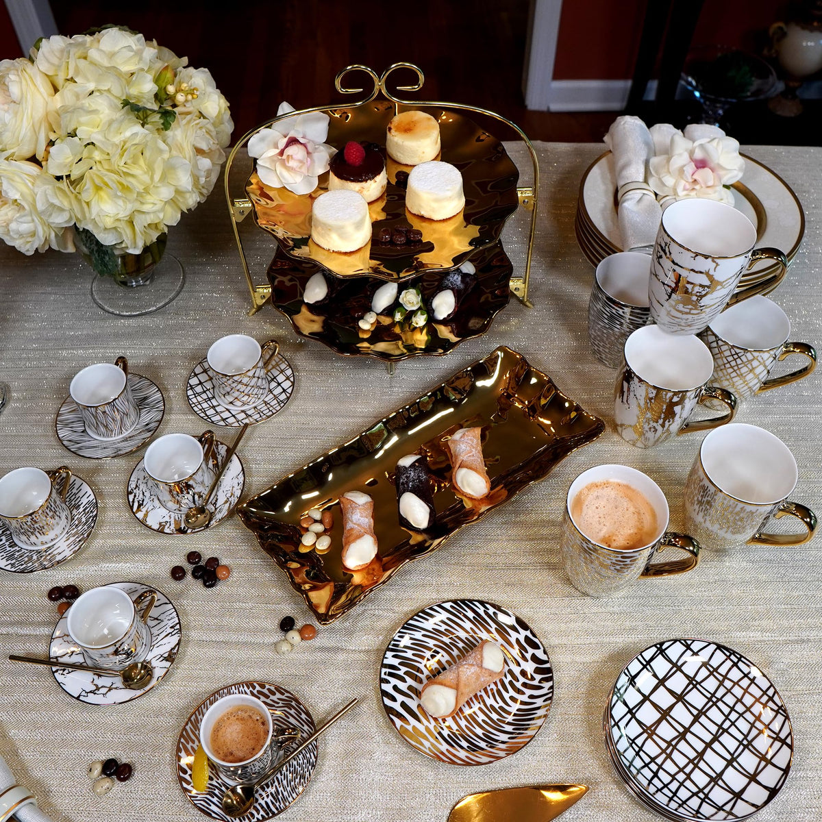 Matrix Gold mug paired with Mosaic Gold Canape Plate for coordinated entertaining.