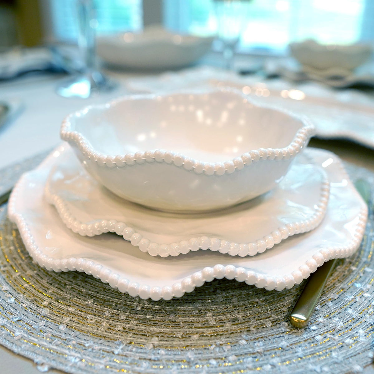 Perlette unbreakable melamine for durable indoor-outdoor use.