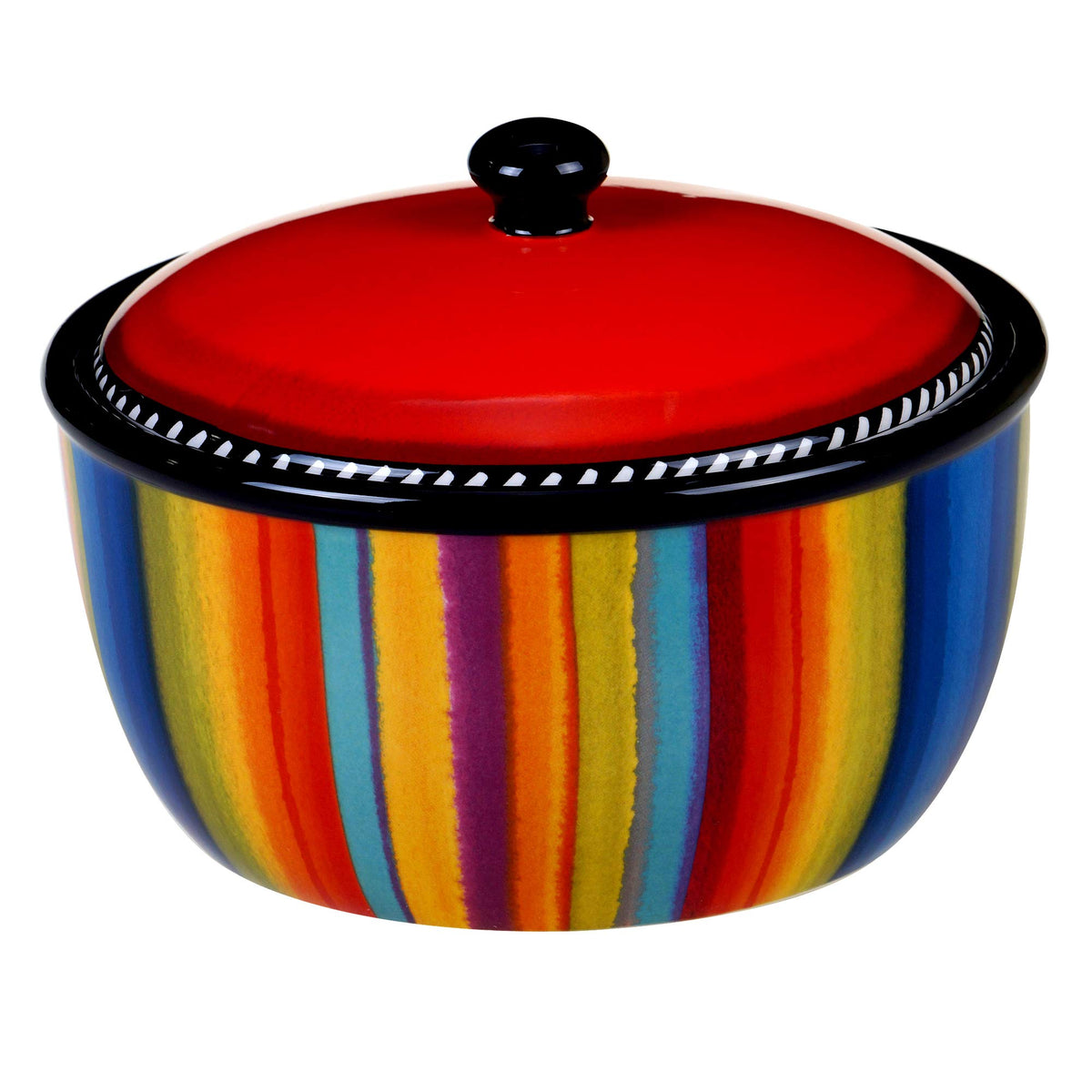 Certified International Sierra ceramic bean pot with lid, vibrant stripes for festive gatherings.