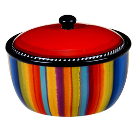 Certified International Sierra ceramic bean pot with lid, vibrant stripes for festive gatherings.
