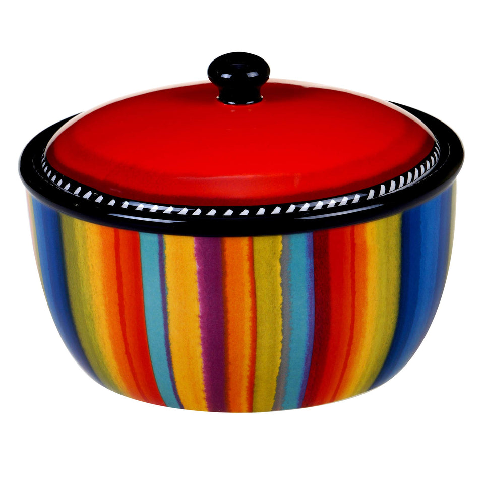 Certified International Sierra ceramic bean pot with lid, vibrant stripes for festive gatherings.