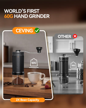 CEVING 60g capacity grinder in hand for efficient on-the-go grinding.