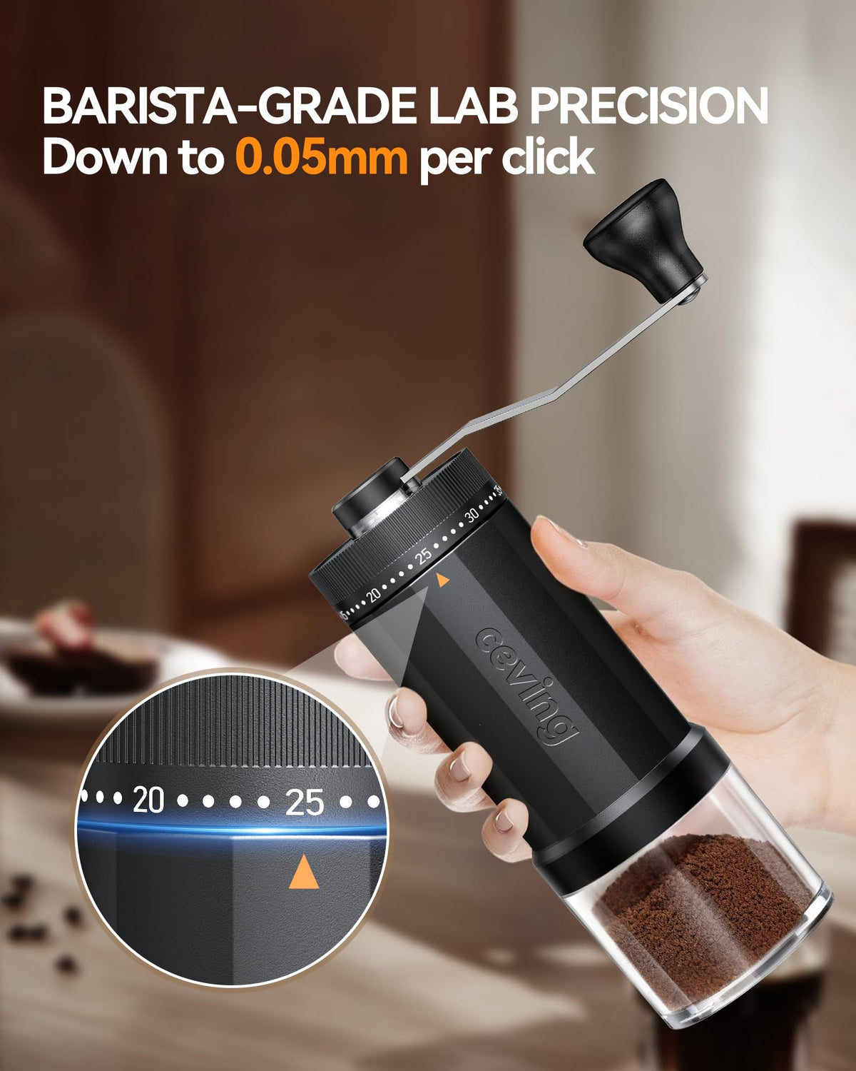 CEVING external 40-settings dial close-up for precise brew control.