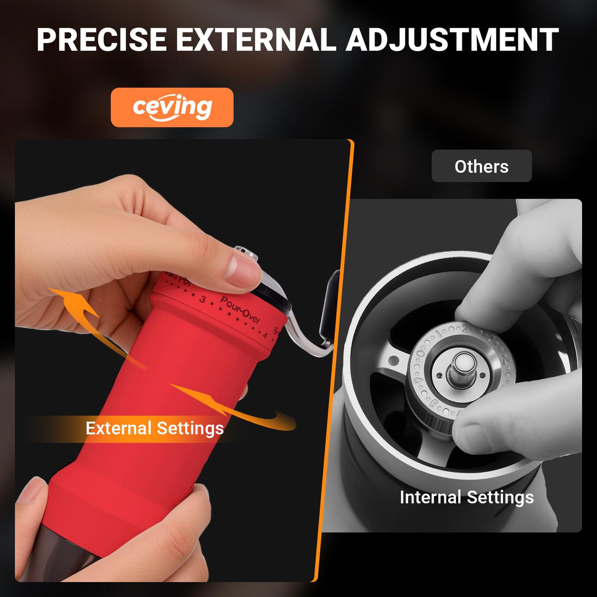 CEVING grinder 30g capacity ideal for 2–3 cups of fresh coffee.