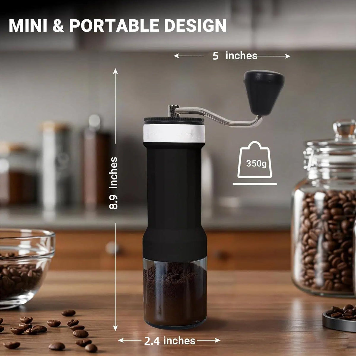 CEVING grinder in compact size shown for travel, camping or office.