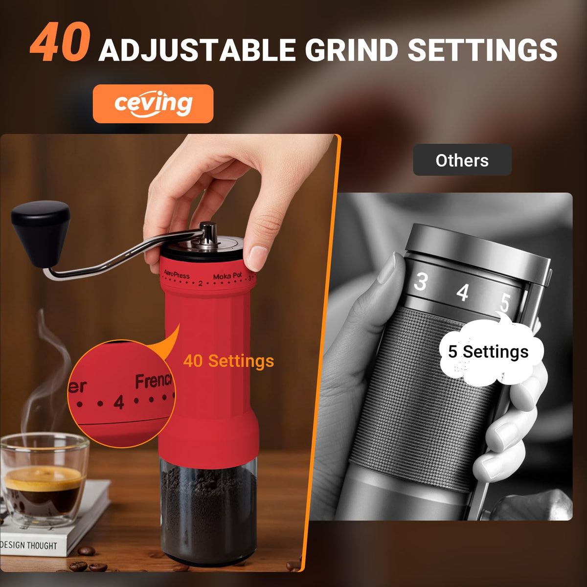 CEVING Mini Grinder with conical ceramic burr for cooler, even grounds.
