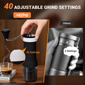 CEVING grinder dial settings close-up, 40 options for various brews.