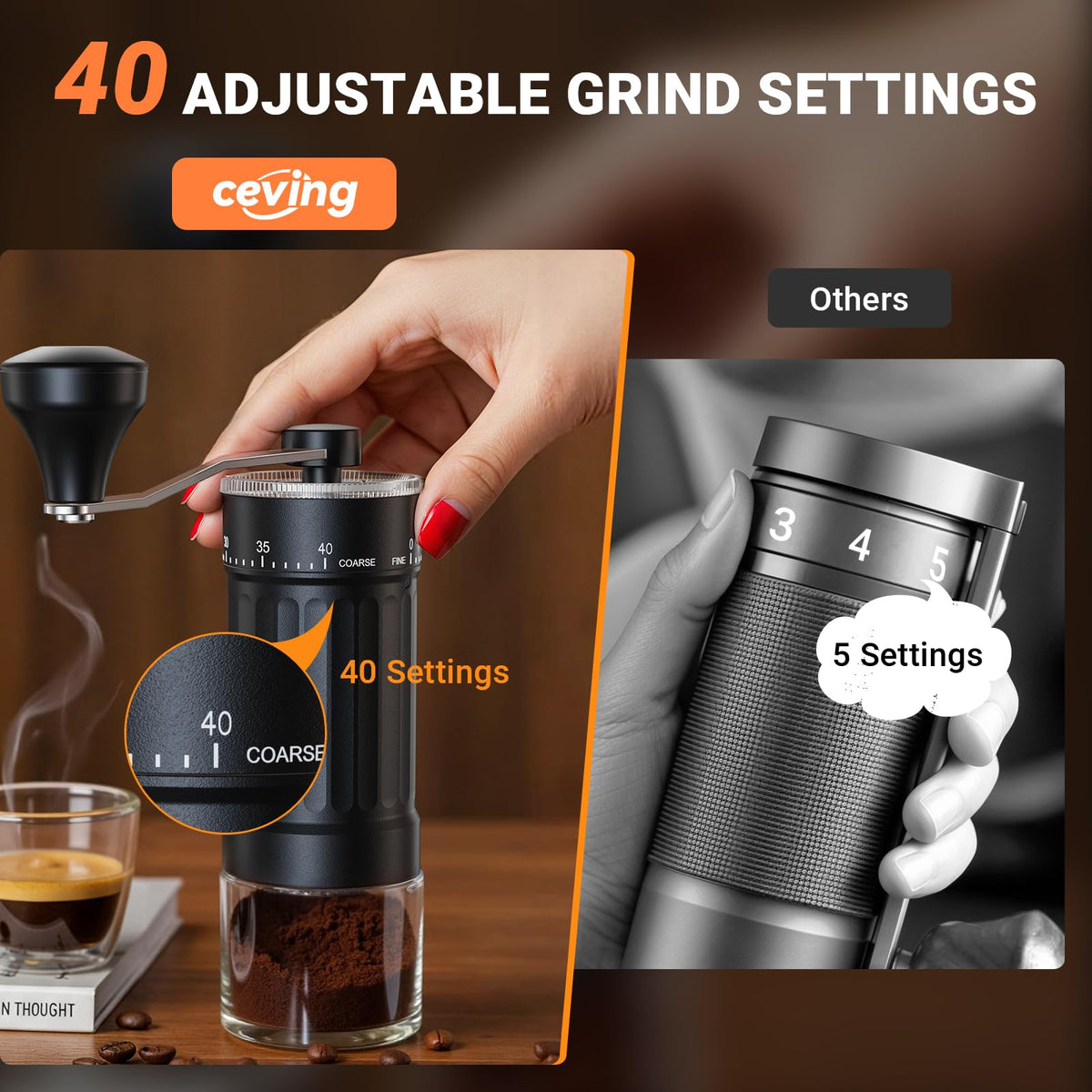 CEVING portable grinder shown with travel setup for fresh coffee anywhere.