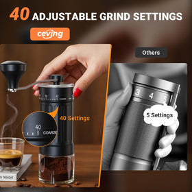 CEVING portable grinder shown with travel setup for fresh coffee anywhere.