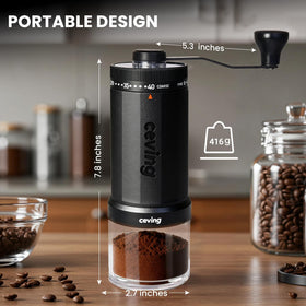 CEVING portable travel-ready grinder beside camping gear for outdoor brews.