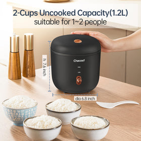 CHACEEF 1-2L portable rice cooker on a kitchen counter for travel.