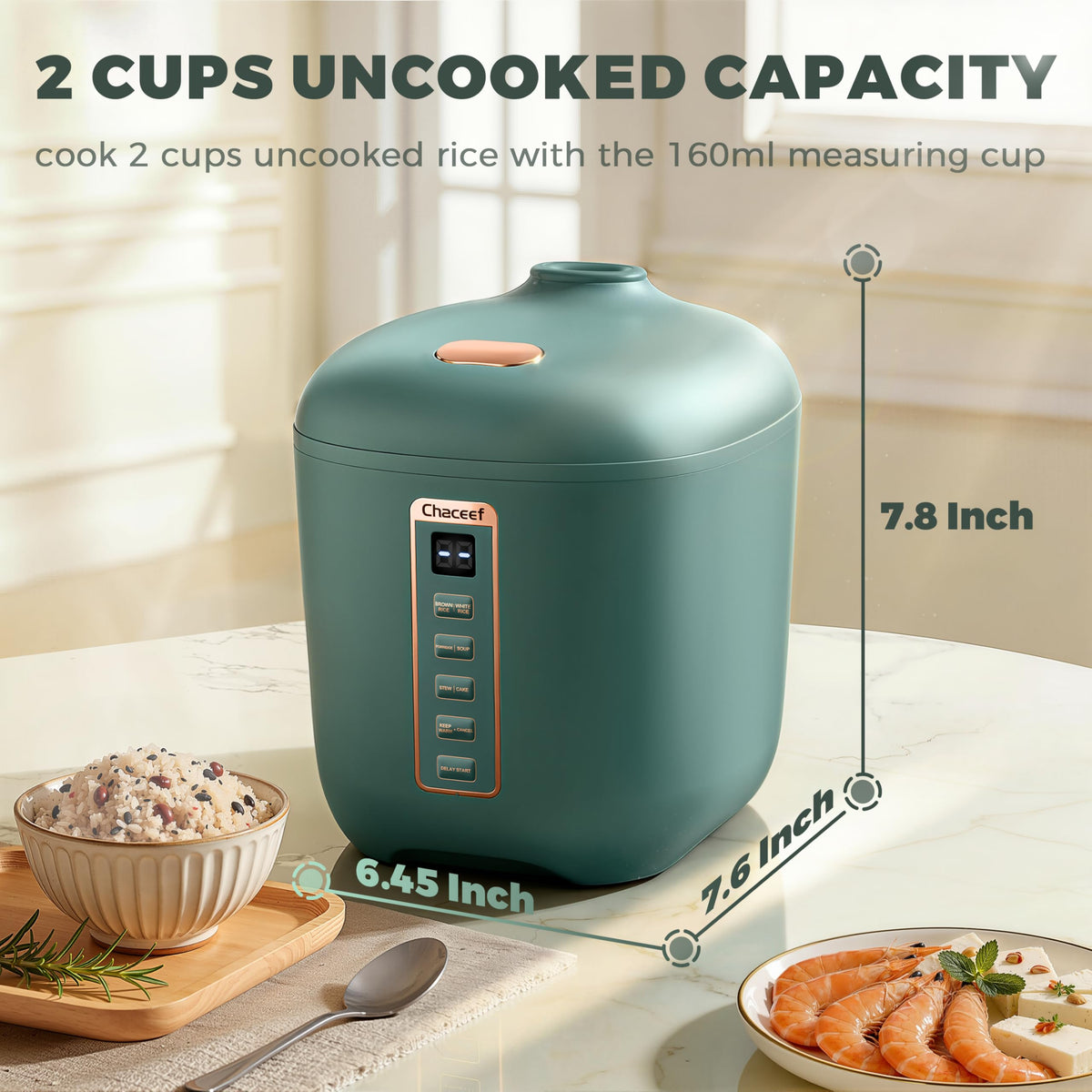 CHACEEF mini rice cooker showing 2-cup uncooked rice capacity for quick meals.