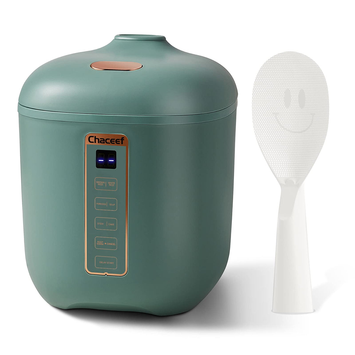 CHACEEF mini rice cooker on counter, compact for small kitchens and dorms.