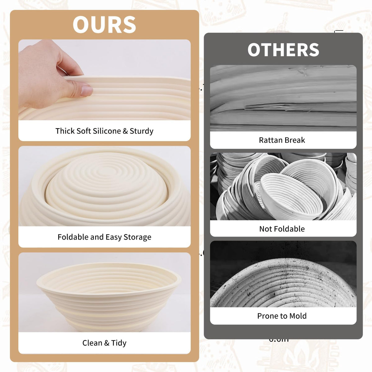 Cham-X non-stick silicone proofing basket ensures clean dough release.