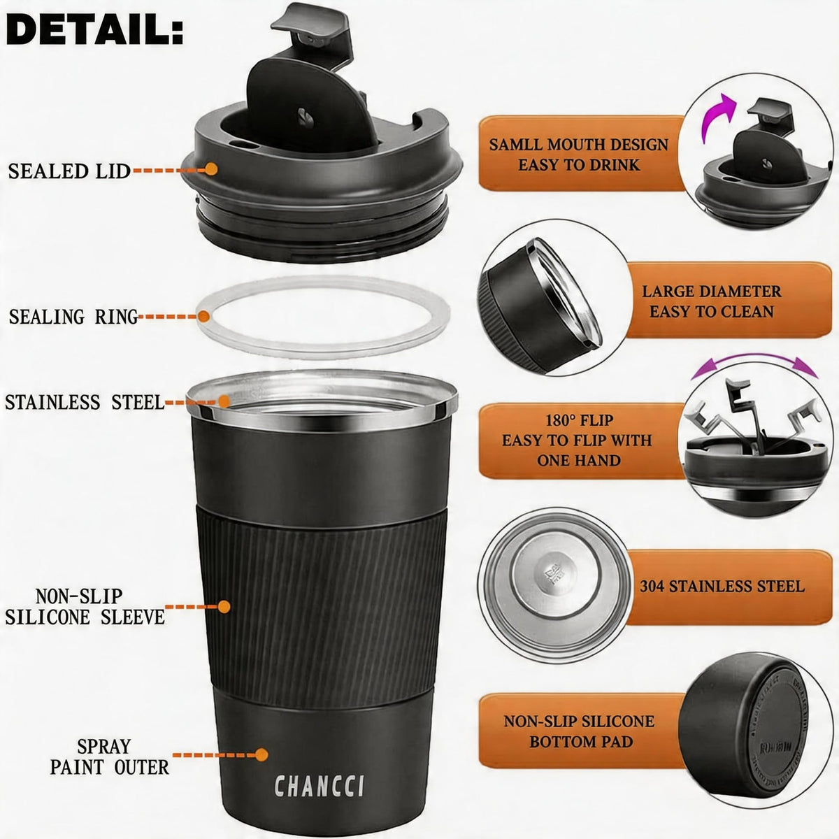 CHANCCI insulated stainless steel mug preserves hot or cold drinks during travel