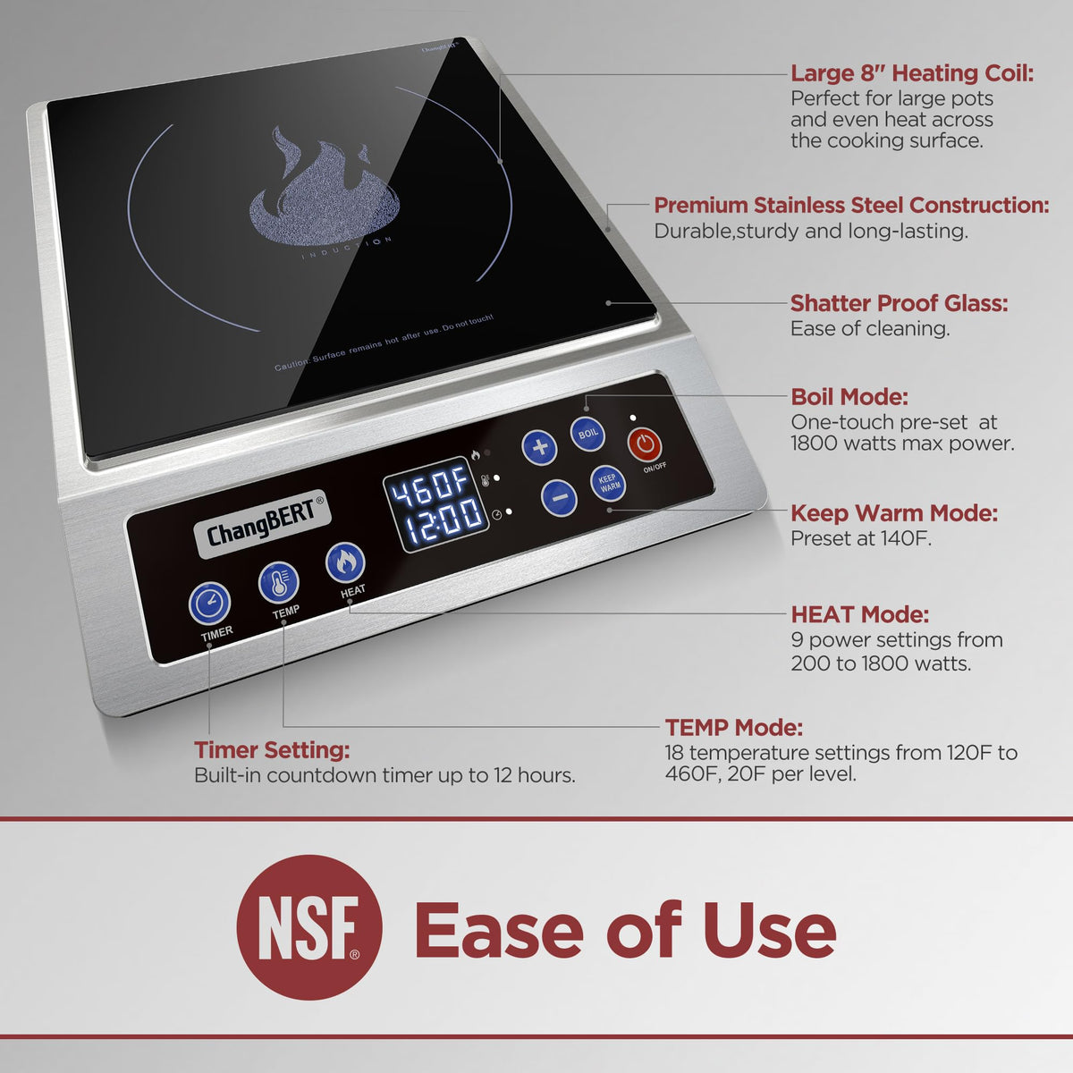 ChangBERT induction burner control-panel close-up highlighting quick one-touch max power